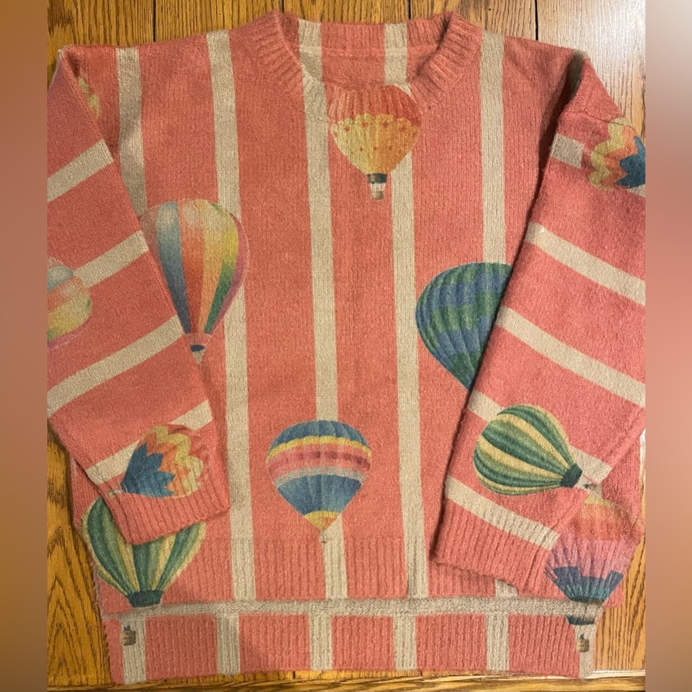 Novelty Hot Air Balloon Chunky Soft Sweater, pink/tan stripe, women’s, L/XL